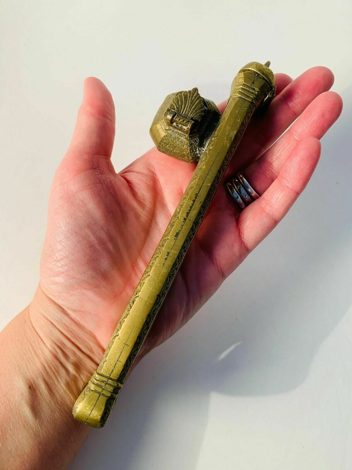 Antique Oriental Brass Brush & Ink Holder photo vintage
