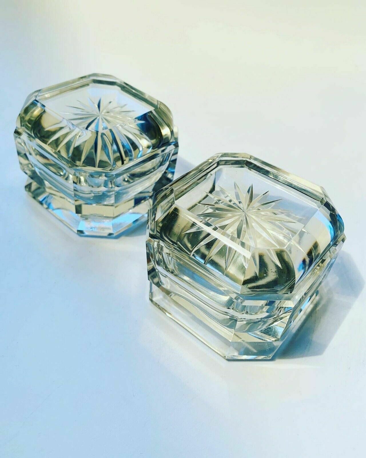 Pair Of Art Deco Crystal Glass Lidded Vanity Dresser Jars