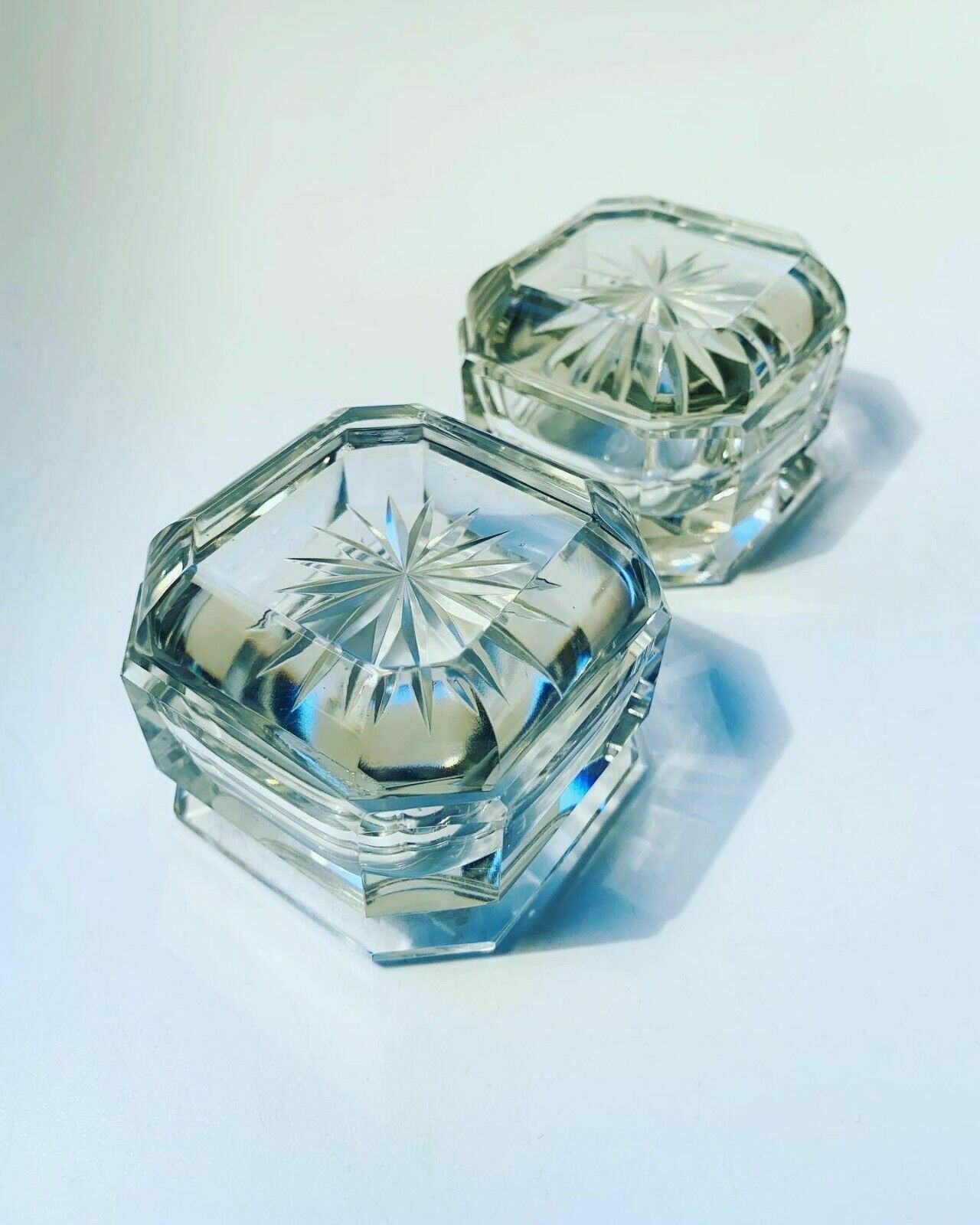 Pair Of Art Deco Crystal Glass Lidded Vanity Dresser Jars photo Home Decor