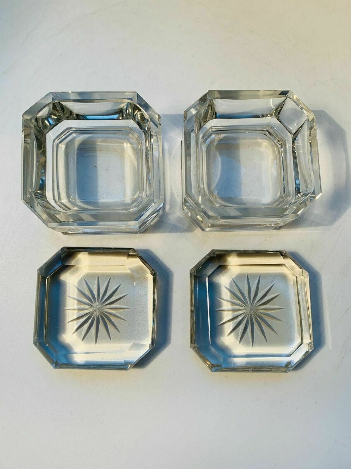 photo for sale Pair Of Art Deco Crystal Glass Lidded Vanity Dresser Jars
