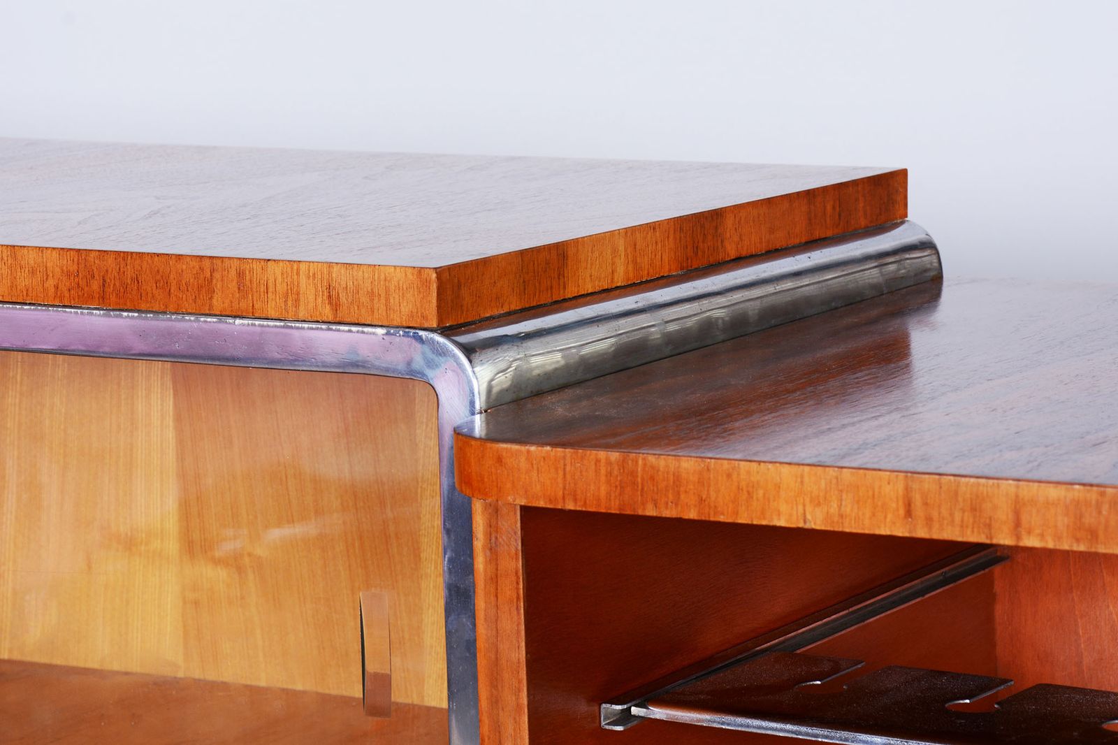 Restored Walnut Bauhaus Sideboard By Robert Slezak, Chrome Plated Steel, Czechia, 1930s photo buy