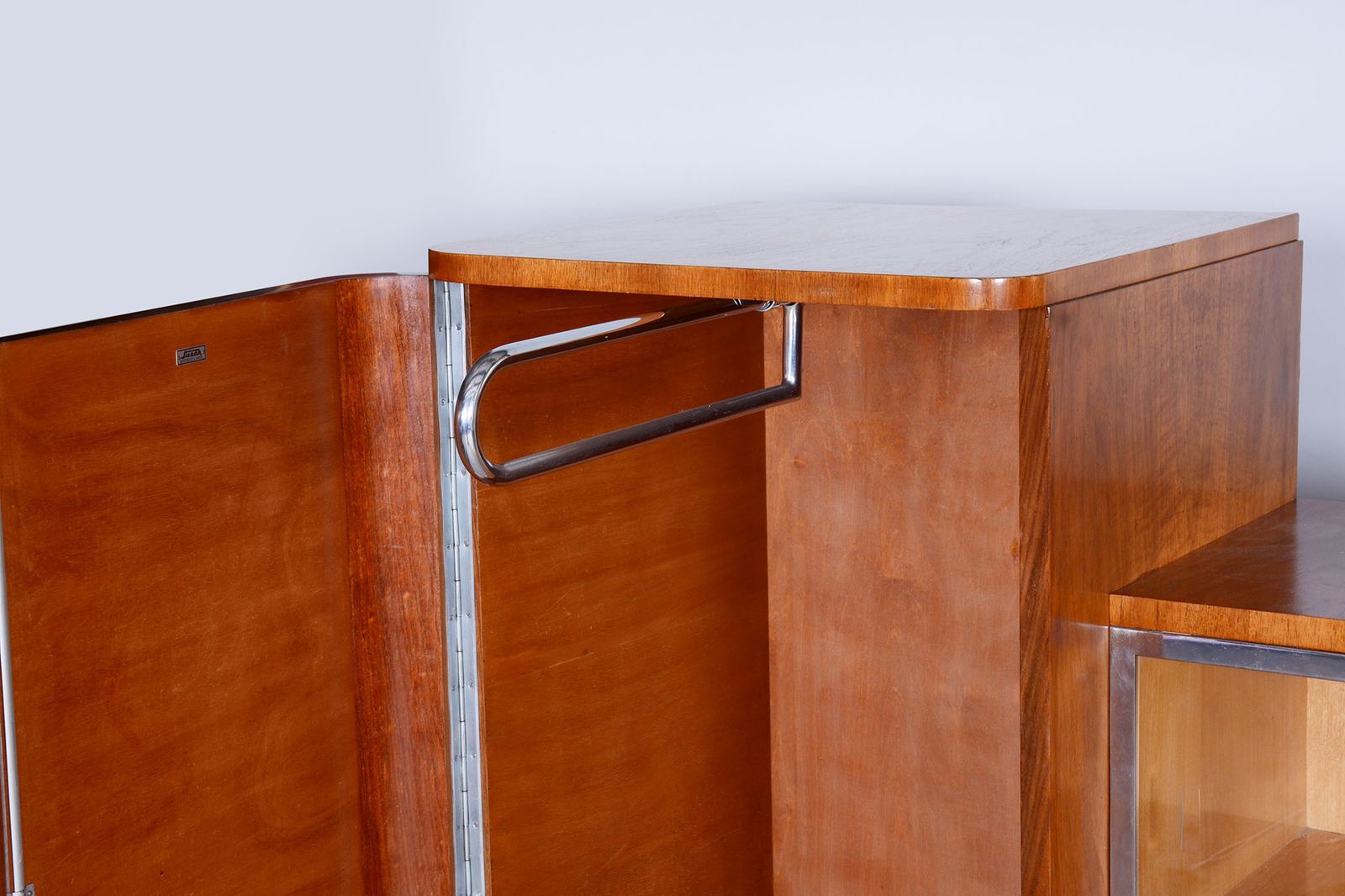 Restored Walnut Bauhaus Sideboard By Robert Slezak, Chrome Plated Steel, Czechia, 1930s photo vintage