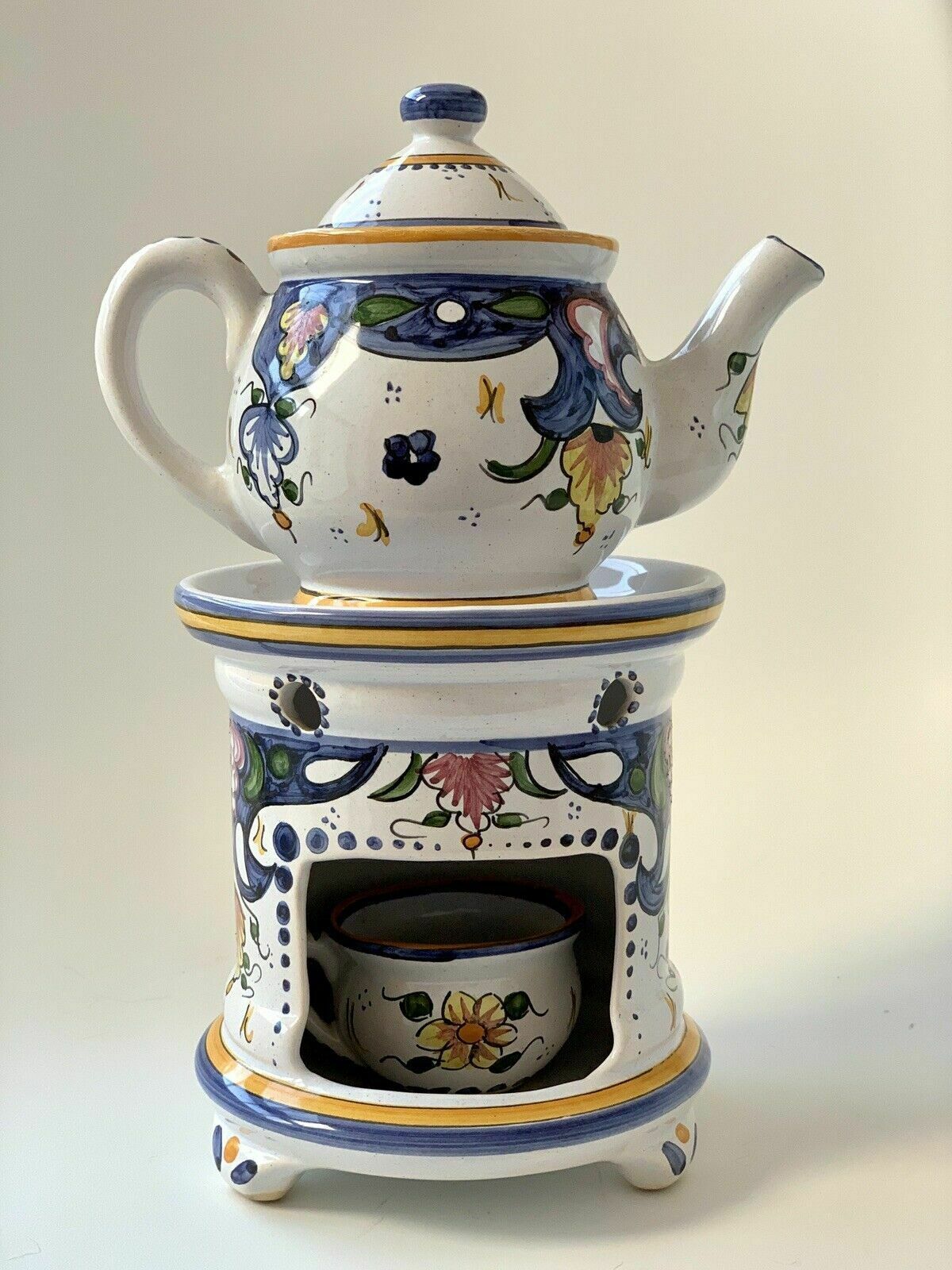 Hand Painted Faïence Décor Rouen Tisaniere Teapot & Warmer, French