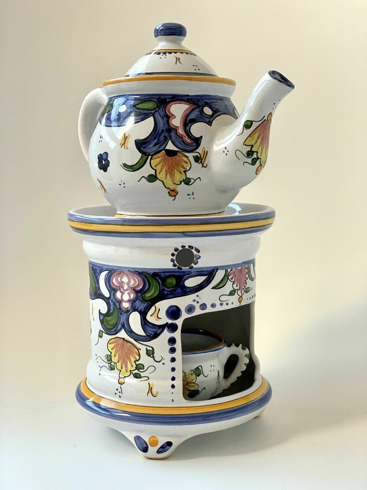Hand Painted Faïence Décor Rouen Tisaniere Teapot & Warmer, French photo buy