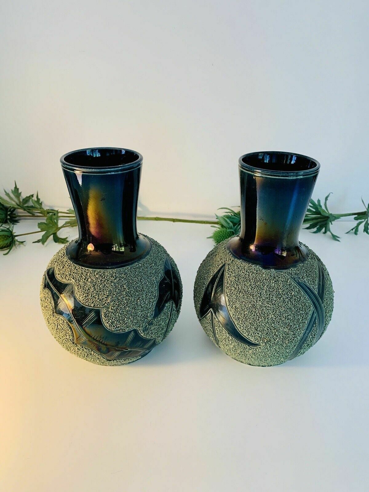photo furniture Rare Pair Of Majolica Forester & Sons Arbor Florescent Green Sanded Mantle Vases