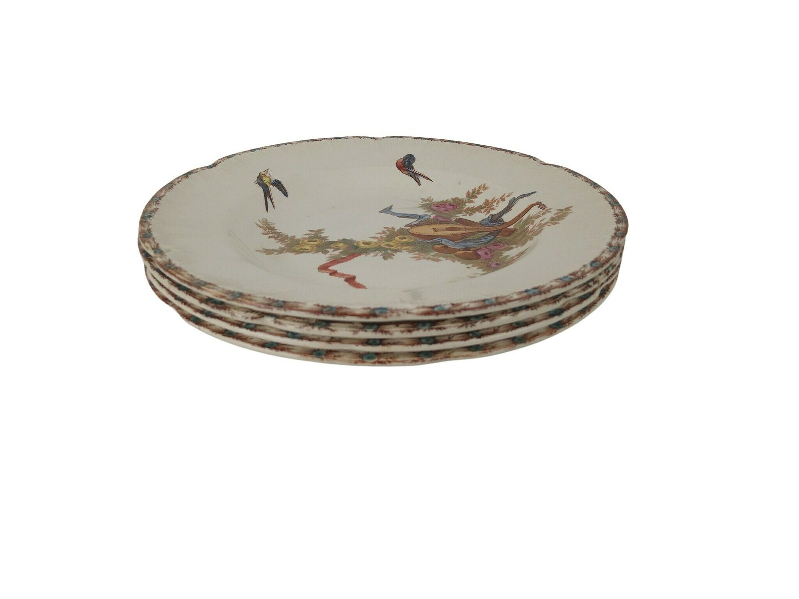 Antique French Ironstone Soup & Pasta Plates Set Of 4 By Choisy Le Roi With Transferware Birds, Roses And Musical Instruments photo furniture