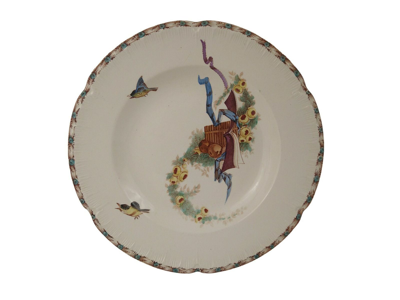 Antique French Ironstone Soup & Pasta Plates Set Of 4 By Choisy Le Roi With Transferware Birds, Roses And Musical Instruments photo for sale