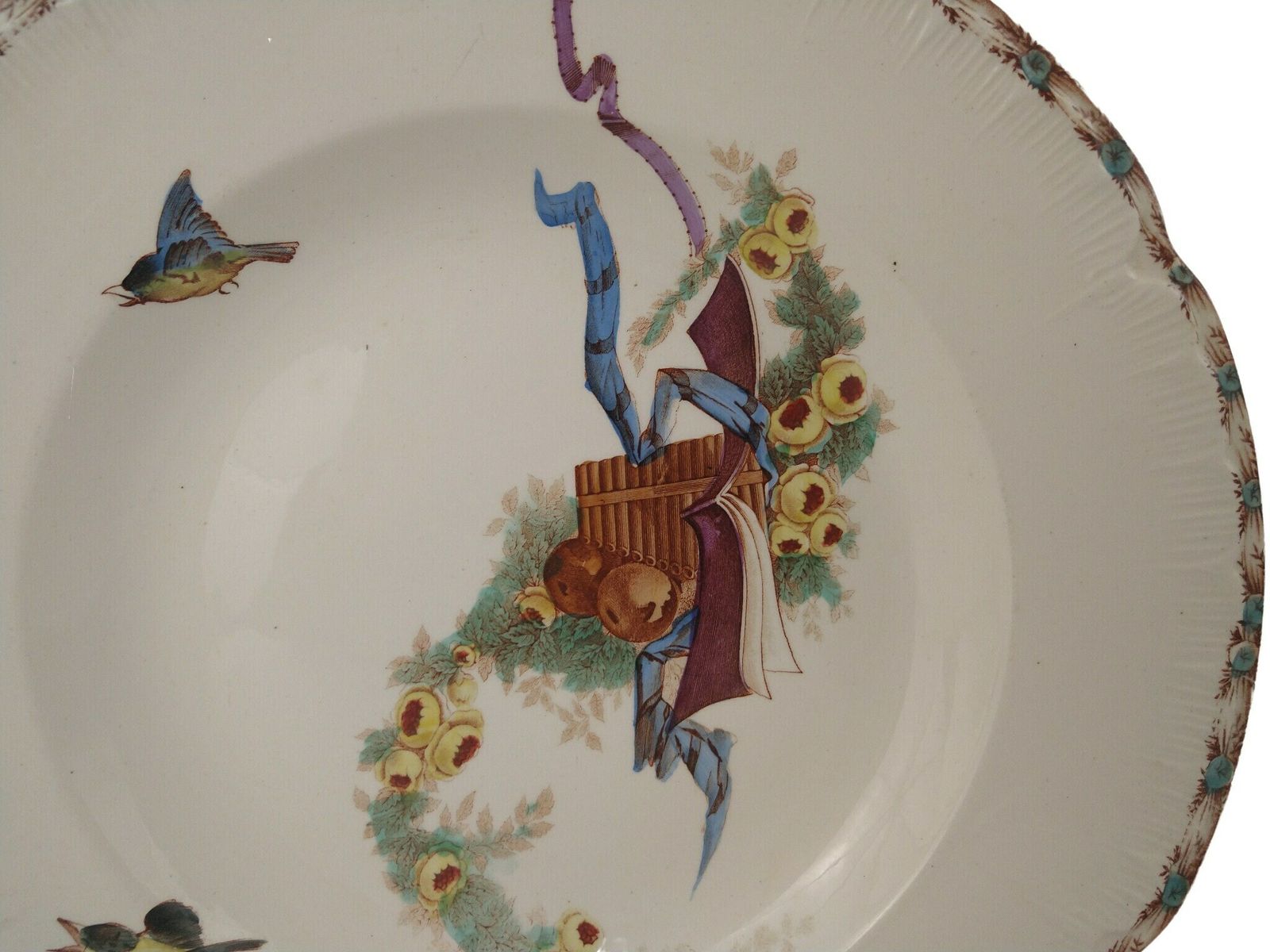 Antique French Ironstone Soup & Pasta Plates Set Of 4 By Choisy Le Roi With Transferware Birds, Roses And Musical Instruments photo Home Decor