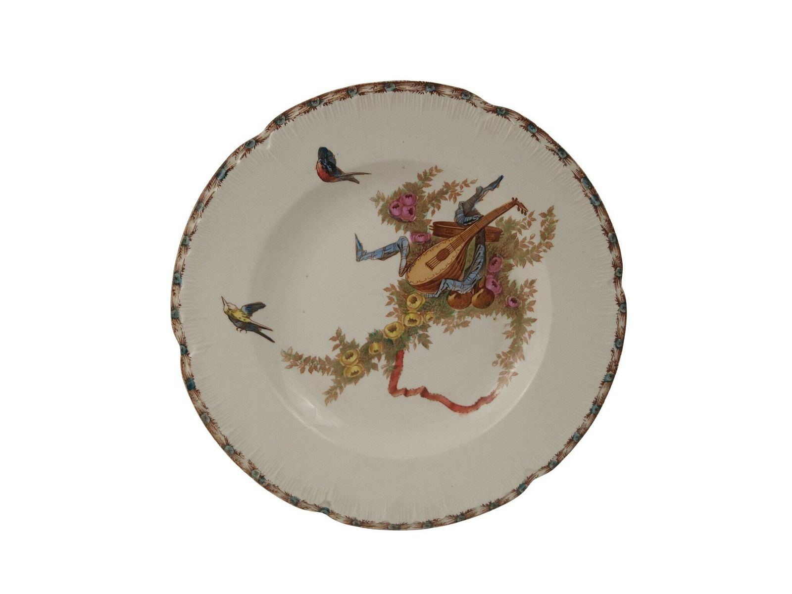 Antique French Ironstone Soup & Pasta Plates Set Of 4 By Choisy Le Roi With Transferware Birds, Roses And Musical Instruments photo 278.0