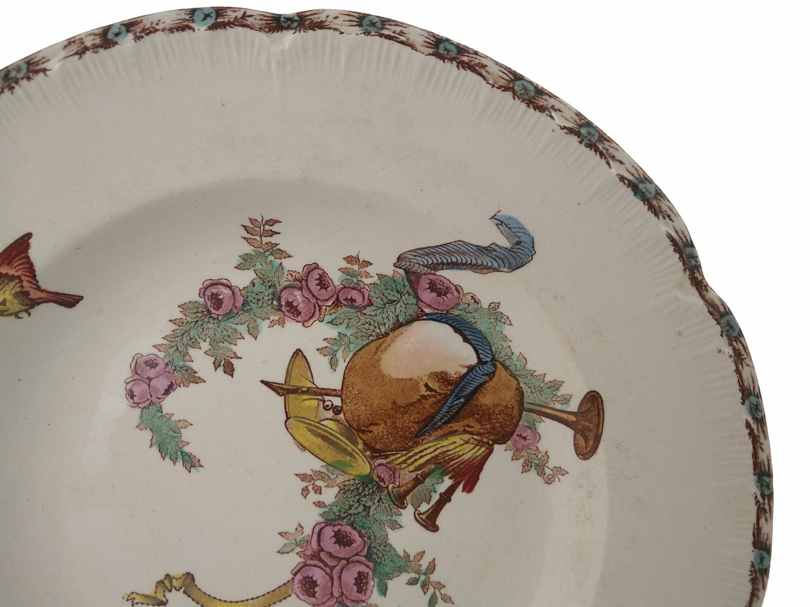 Antique French Ironstone Soup & Pasta Plates Set Of 4 By Choisy Le Roi With Transferware Birds, Roses And Musical Instruments photo vintage