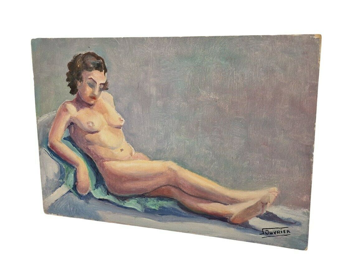 French Nude Woman Painting, Mid Century Naked Lady Portrait, Suzanne Ouvrier Signed Erotic Art photo furniture