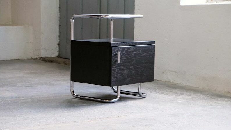 Bauhaus Bedside Table In Black With Chromed Tubular Steel
