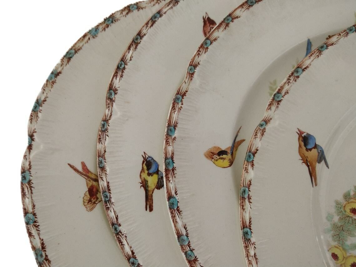 Antique French Ironstone Dinner Plates Set Of 4 By Choisy Le Roi With Transferware Birds, Roses And Musical Instruments photo Home Decor