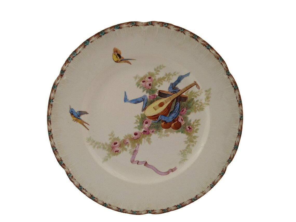Antique French Ironstone Dinner Plates Set Of 4 By Choisy Le Roi With Transferware Birds, Roses And Musical Instruments photo vinterior