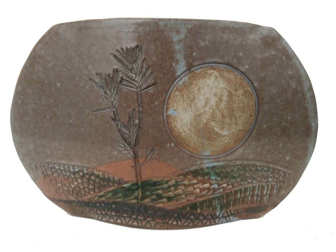 Mid Century Art Studio Pottery Vase With Full Moon And Tree Landscape Signed Ap, Modernist French Mcm Ceramic photo vintage