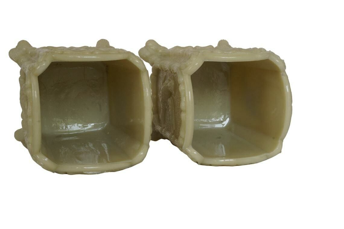 French Art Nouveau Opaline Vases Pair With Birds And Butterflies, Antique Ernest Schmid Art Milk Glass Jewelry Holders photo vinterior
