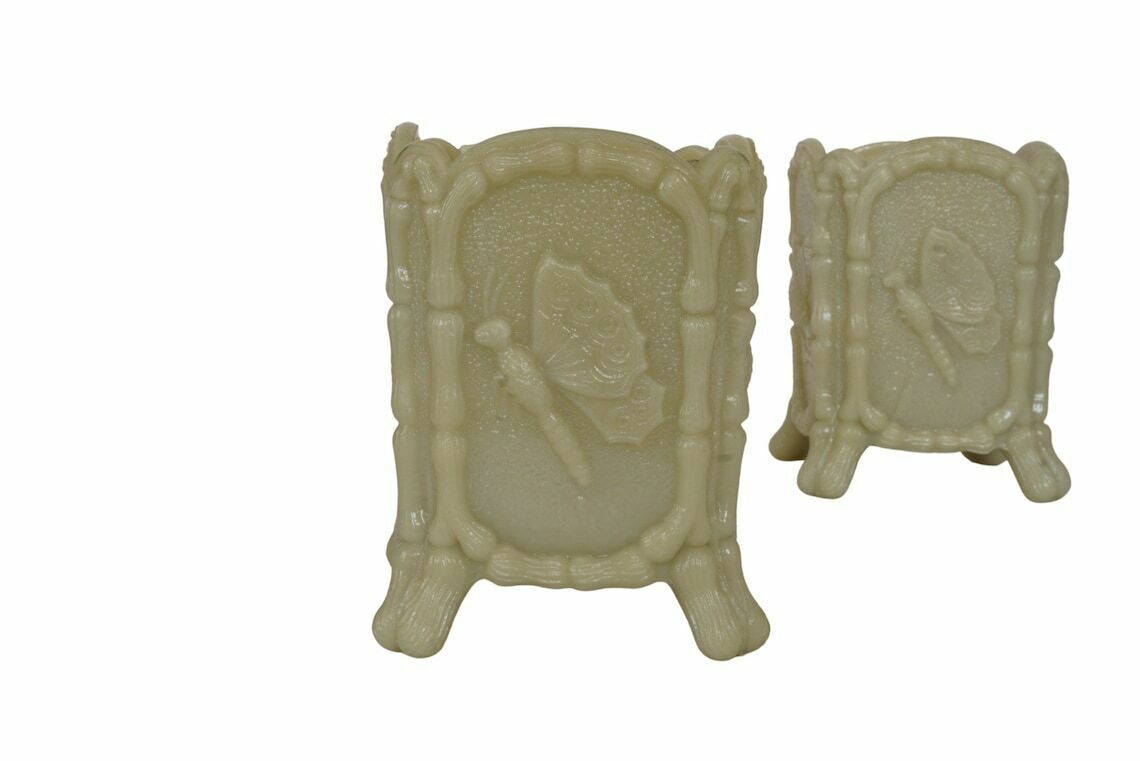 French Art Nouveau Opaline Vases Pair With Birds And Butterflies, Antique Ernest Schmid Art Milk Glass Jewelry Holders photo buy