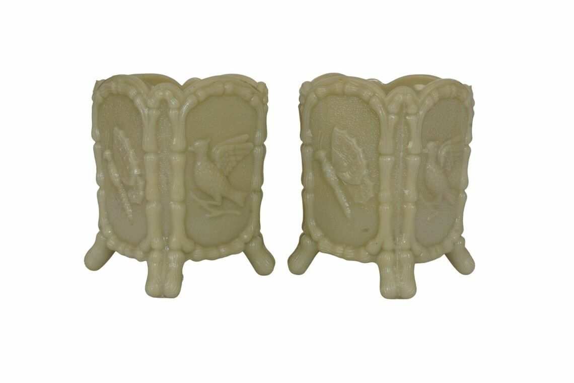 French Art Nouveau Opaline Vases Pair With Birds And Butterflies, Antique Ernest Schmid Art Milk Glass Jewelry Holders photo vintage