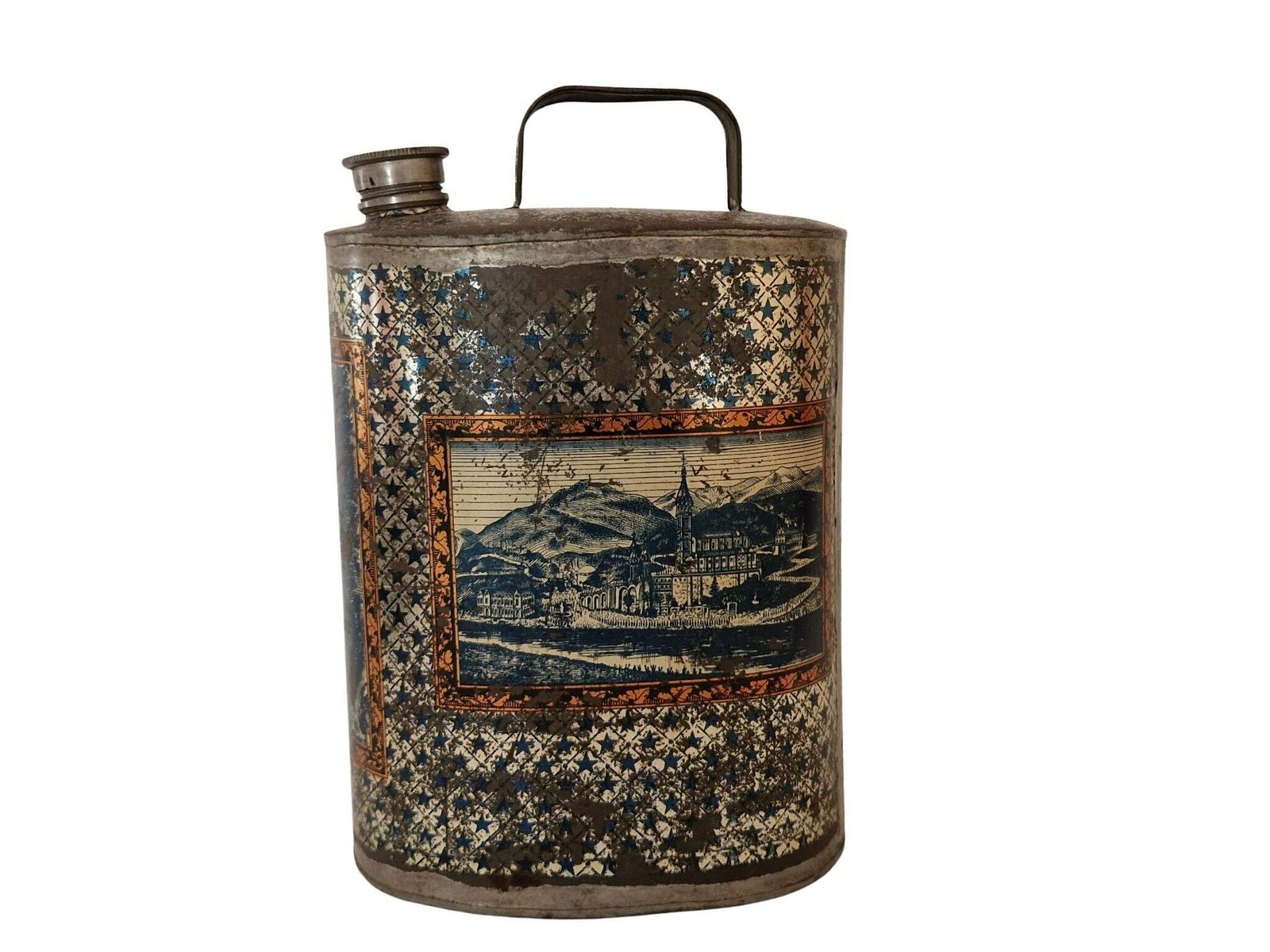 Antique Lourdes Souvenir Holy Water Flask, French Antique Tin Canteen