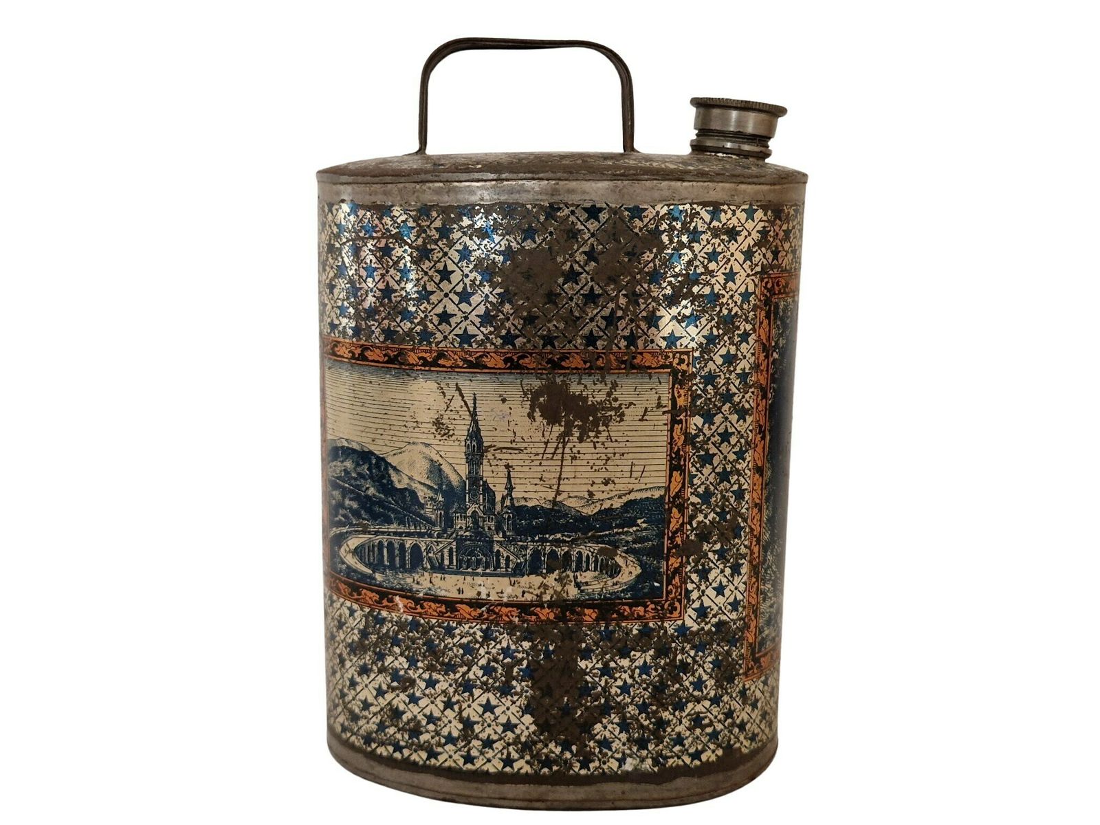 Antique Lourdes Souvenir Holy Water Flask, French Antique Tin Canteen photo for sale