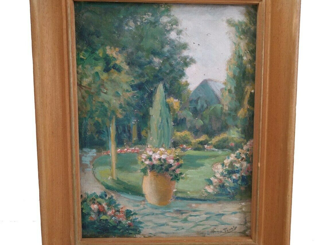 French Flower Garden And Park Landscape Painting, Framed And Signed Art photo furniture