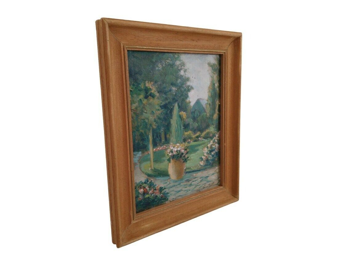 French Flower Garden And Park Landscape Painting, Framed And Signed Art photo vinterior