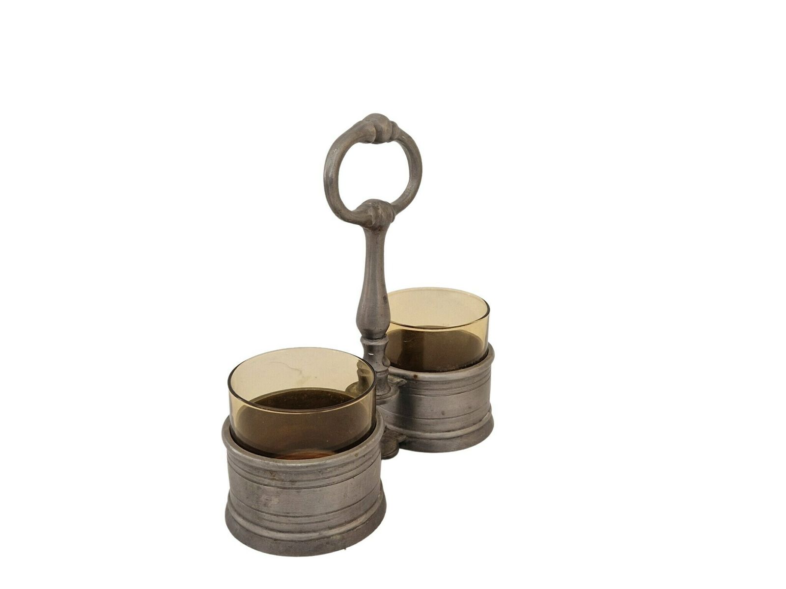 French Pewter Salt And Pepper Cellar Set With Brown Glass Bowls, Condiment Cruet Set With Cradle photo 93.0