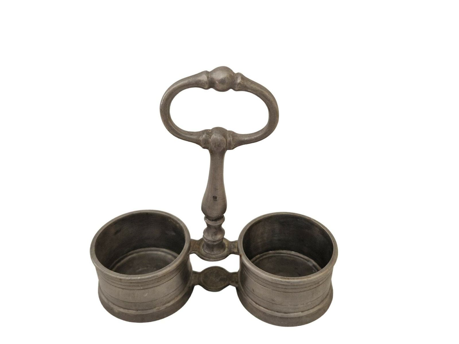French Pewter Salt And Pepper Cellar Set With Brown Glass Bowls, Condiment Cruet Set With Cradle photo vintage