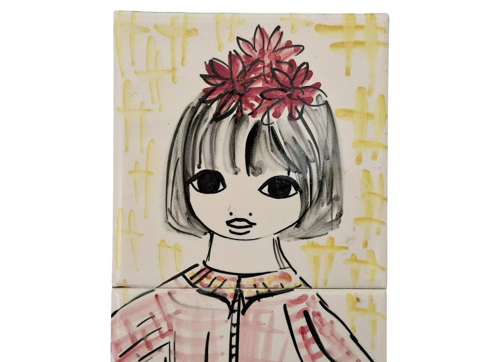 Mid Century Ceramic Tile Wall Hanging With Hand Painted Big Eye Girl Portrait photo 107.0