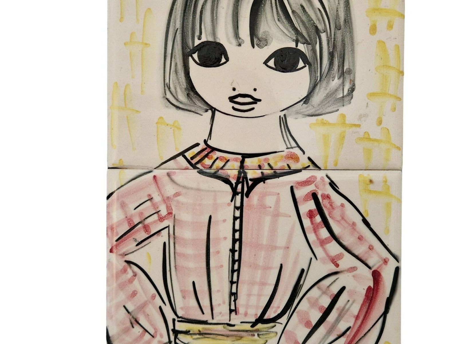 Mid Century Ceramic Tile Wall Hanging With Hand Painted Big Eye Girl Portrait photo vinterior