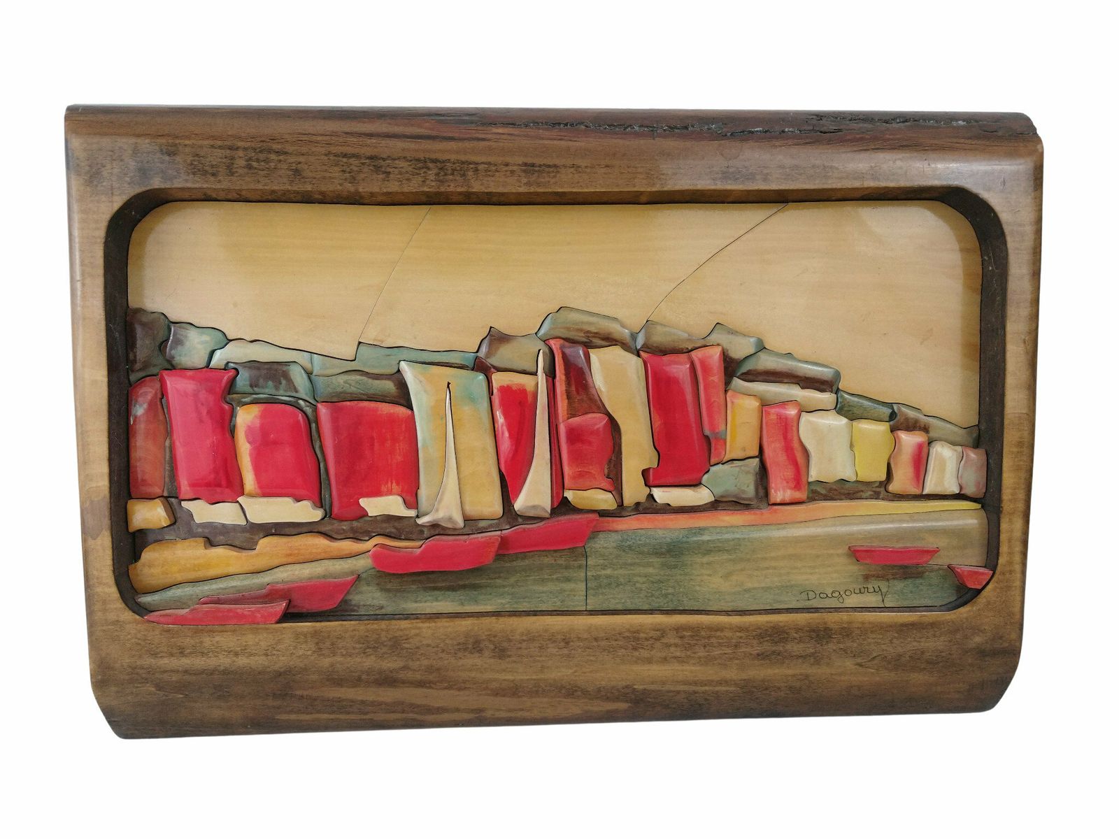3d Abstract Seascape With Sailing Boats Wall Art Plaque, Vintage French Hand Carved Wood Nautical Panel