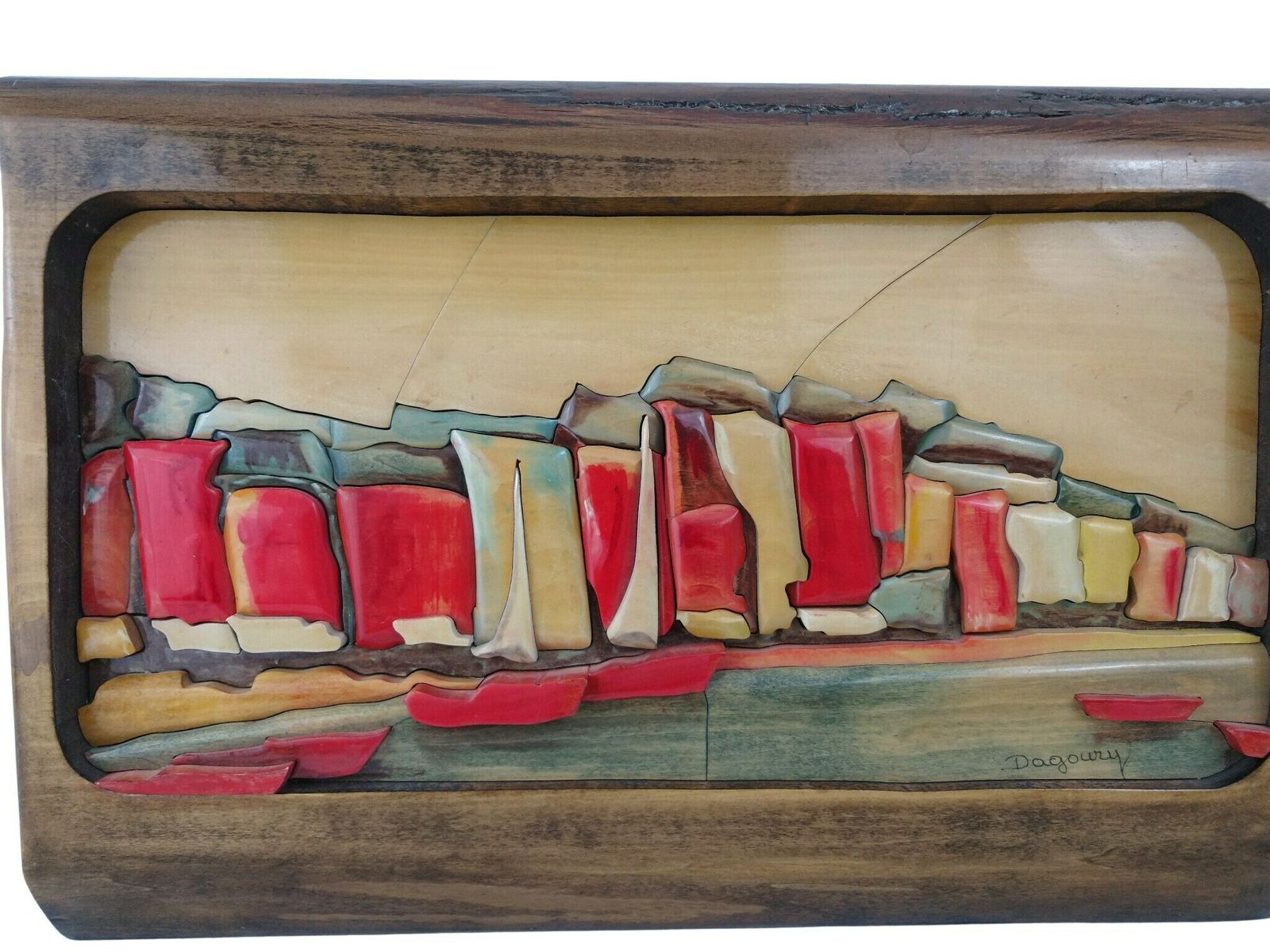 3d Abstract Seascape With Sailing Boats Wall Art Plaque, Vintage French Hand Carved Wood Nautical Panel photo Art