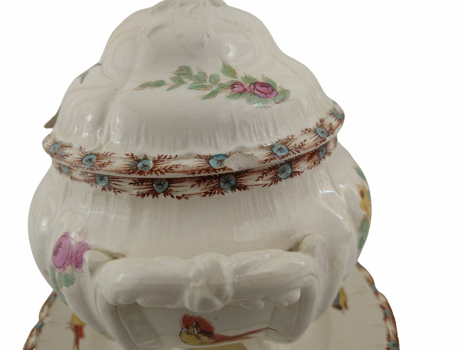 French Ironstone Tureen By Choisy Le Roi With Transferware Musical Instruments, French Ceramic Serving Dish With Plate And Lid photo vinterior