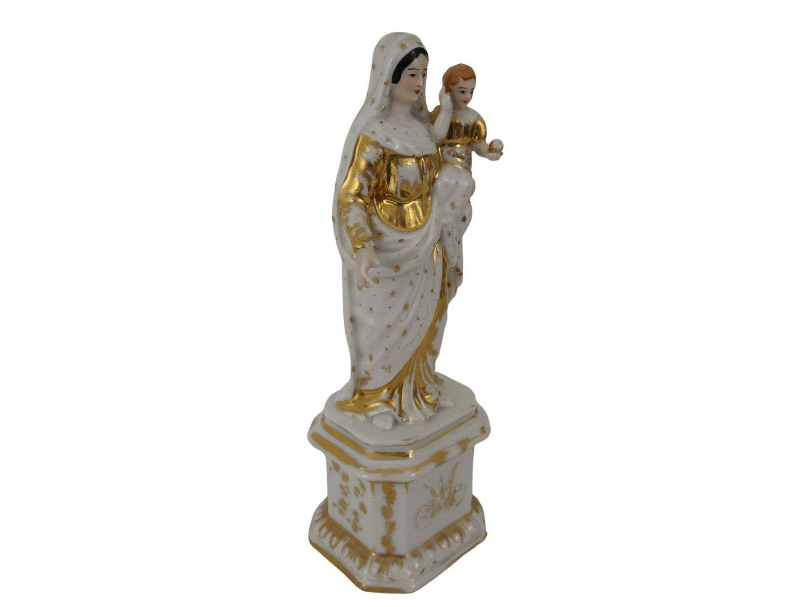 Antique Virgin Mary And Infant Jesus Porcelain Statue, 19th Century French Christian Mother And Child Saint Figurine photo 249.0