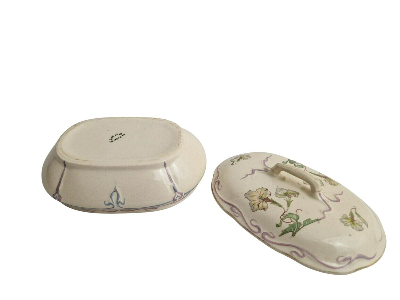 photo furniture Art Nouveau Ceramic Jewelry Box With Flowers, Antique French Pottery Candy Dish