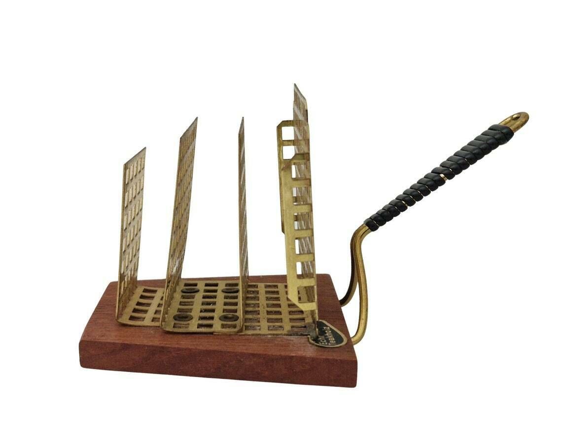 Mid Century Teak And Brass Letter Holder Rack, Mcm Desk Mail Organizer photo furniture