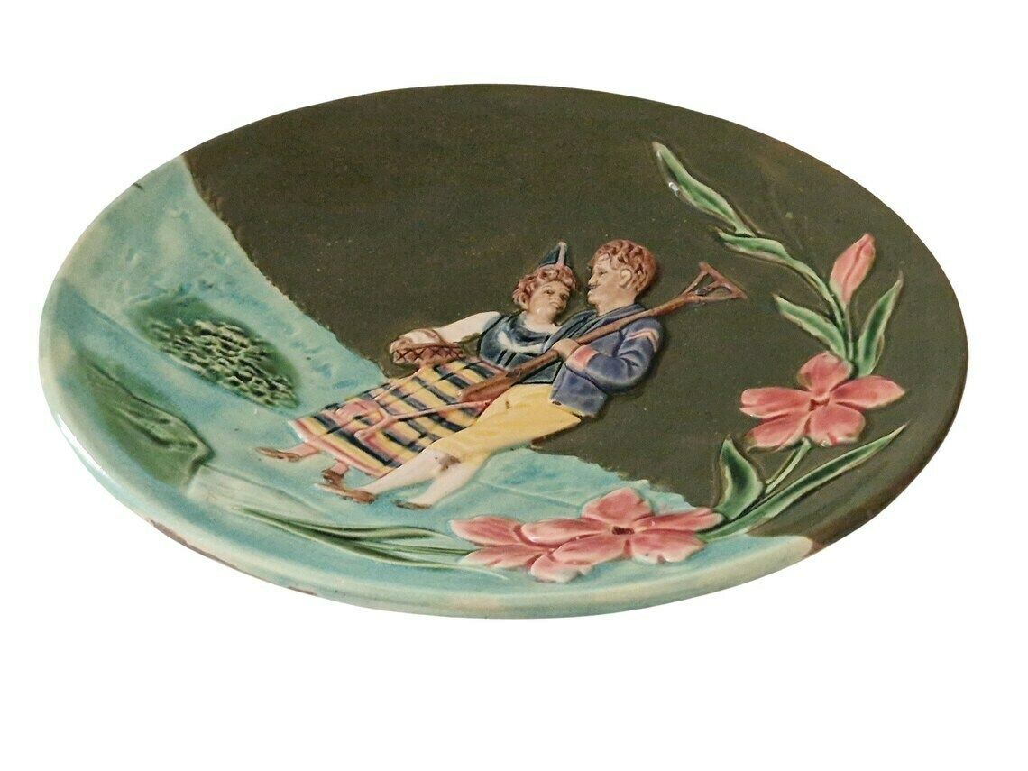 Bavarian Majolica Plate With Couple In Folk Costumes, Art Nouveau Ceramic Wall Decor photo furniture