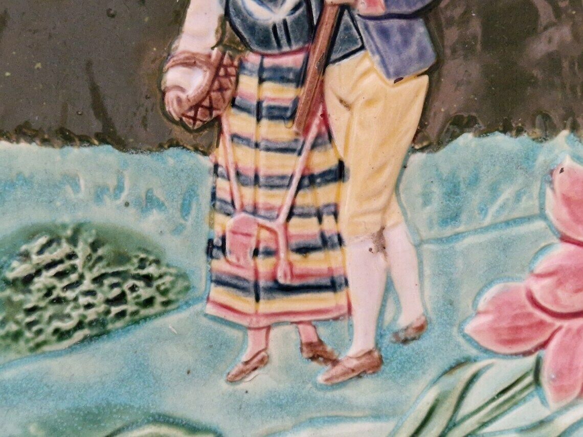 Bavarian Majolica Plate With Couple In Folk Costumes, Art Nouveau Ceramic Wall Decor photo vinterior