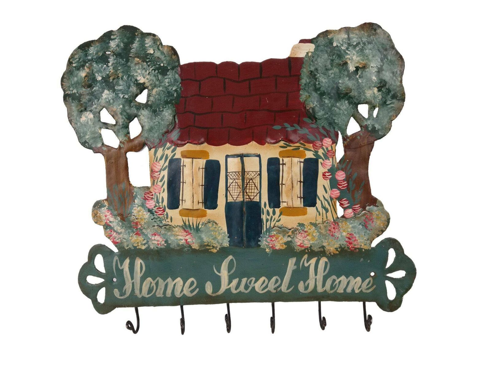 Vintage Home Sweet Home Wall Sign With Key Hooks, Hand Painted Country Cottage Decor, Kitchen Tea Towel Rack