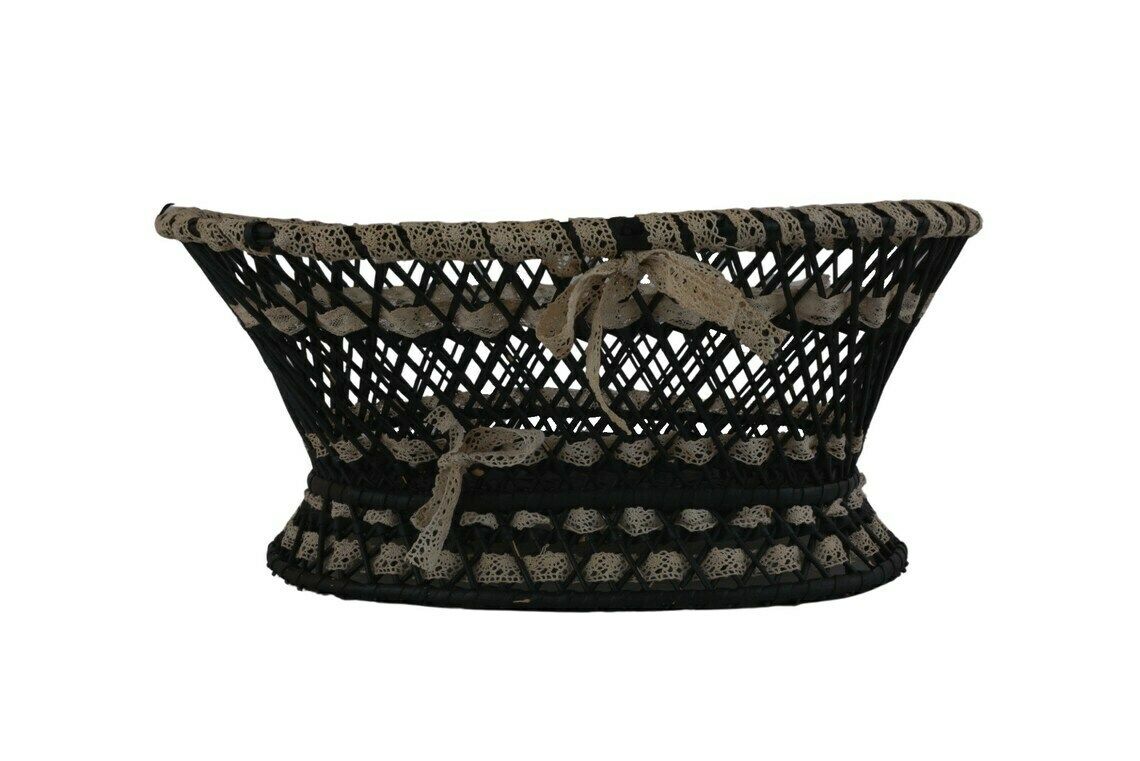 Antique French Wicker Basket With Ribbon Lace, Hand Woven Victorian Knitting Storage Bowl