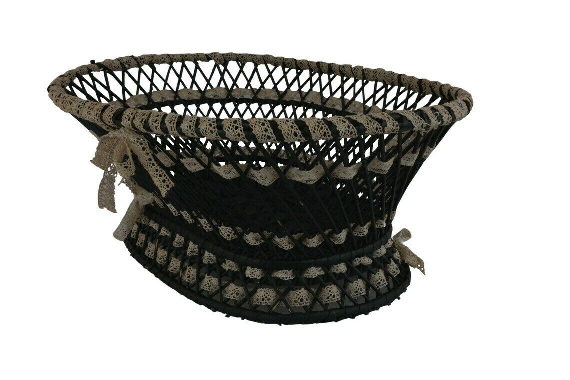 Antique French Wicker Basket With Ribbon Lace, Hand Woven Victorian Knitting Storage Bowl photo furniture