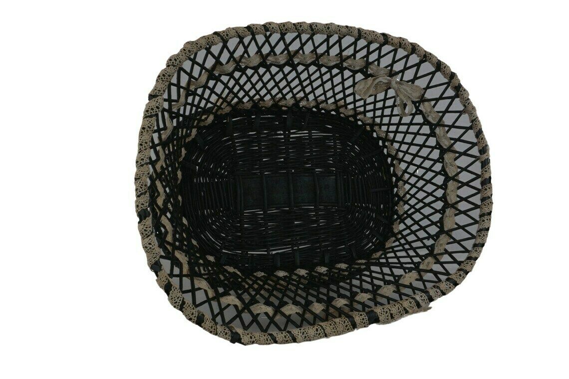 Antique French Wicker Basket With Ribbon Lace, Hand Woven Victorian Knitting Storage Bowl photo Home Decor