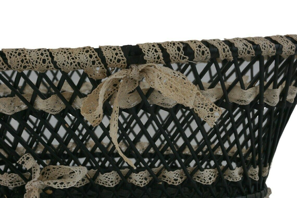 Antique French Wicker Basket With Ribbon Lace, Hand Woven Victorian Knitting Storage Bowl photo buy