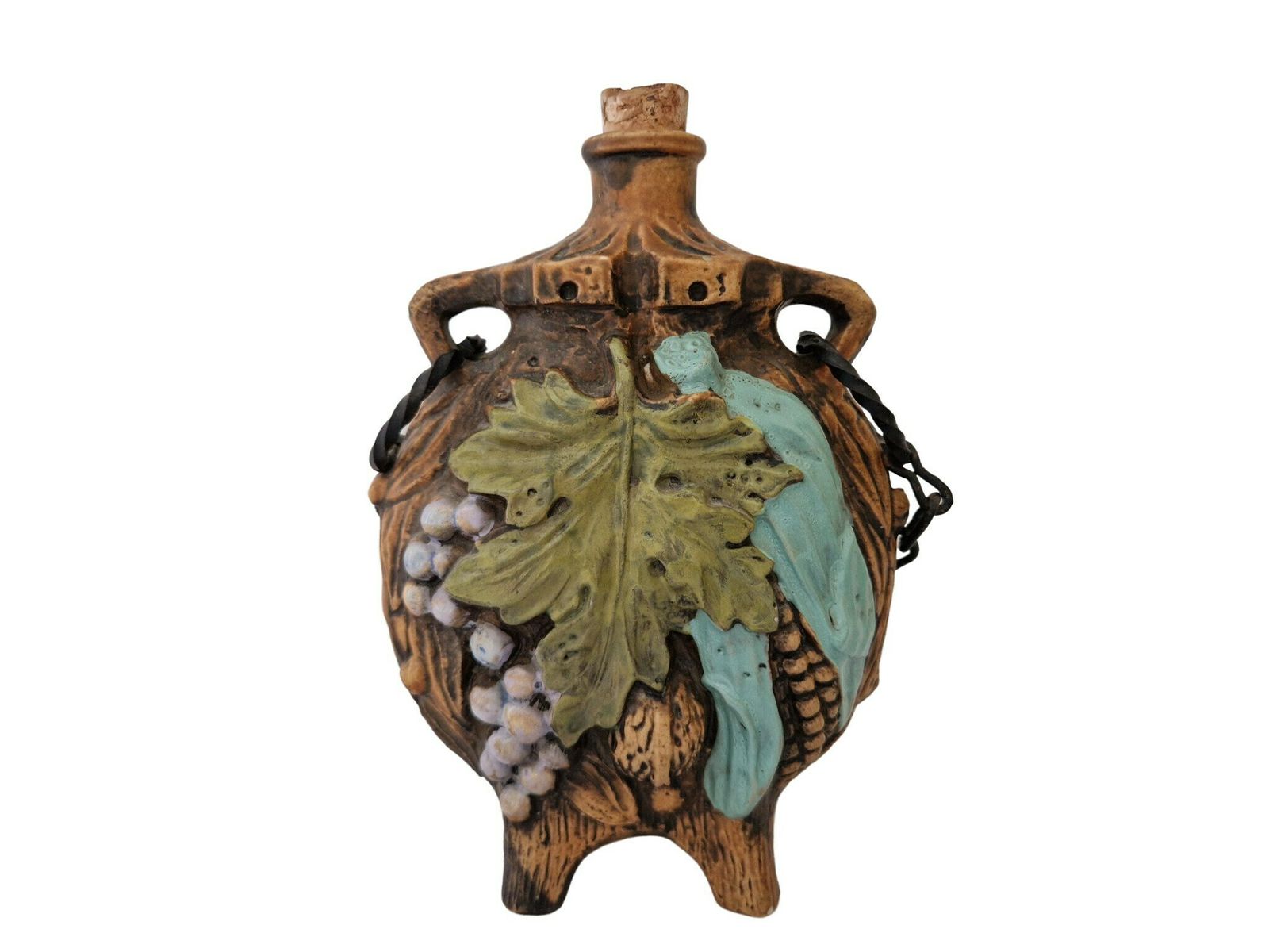 1960s Borghini Lacrima Christi Wine Decanter, Hand Painted Italian Ceramic Majolica Bottle photo for sale