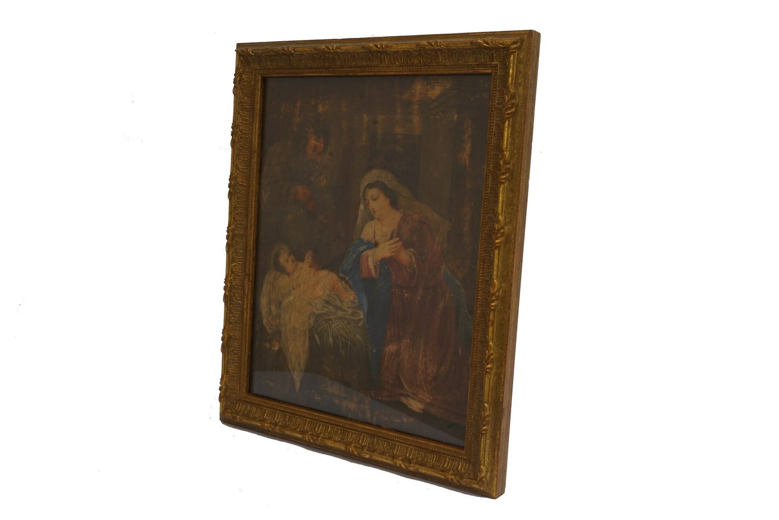 Antique Christmas Nativity Scene Painting, 18th Century French Religious Art With Baby Jesus, Virgin Mary And St Joseph photo furniture