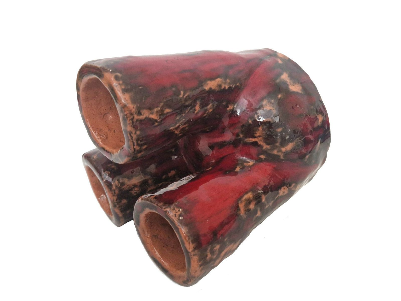 Mcm Studio Pottery Vase With Triple Stem Spouts, Mid Century Drip Glaze Abstract Vessel photo buy