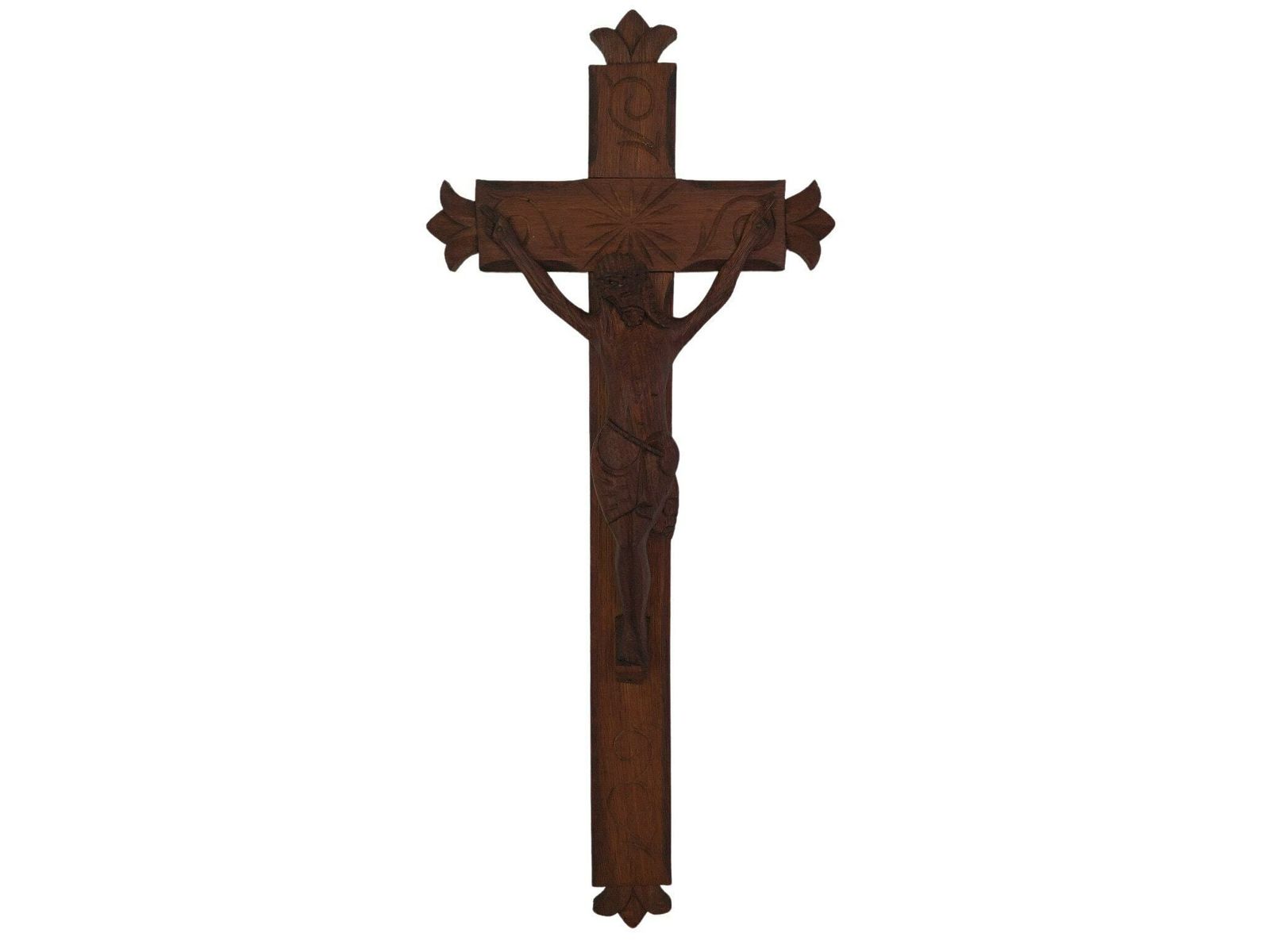 Primitive Hand Carved Wood Crucifix, Large French Wall Hanging Cross With Jesus Figurine