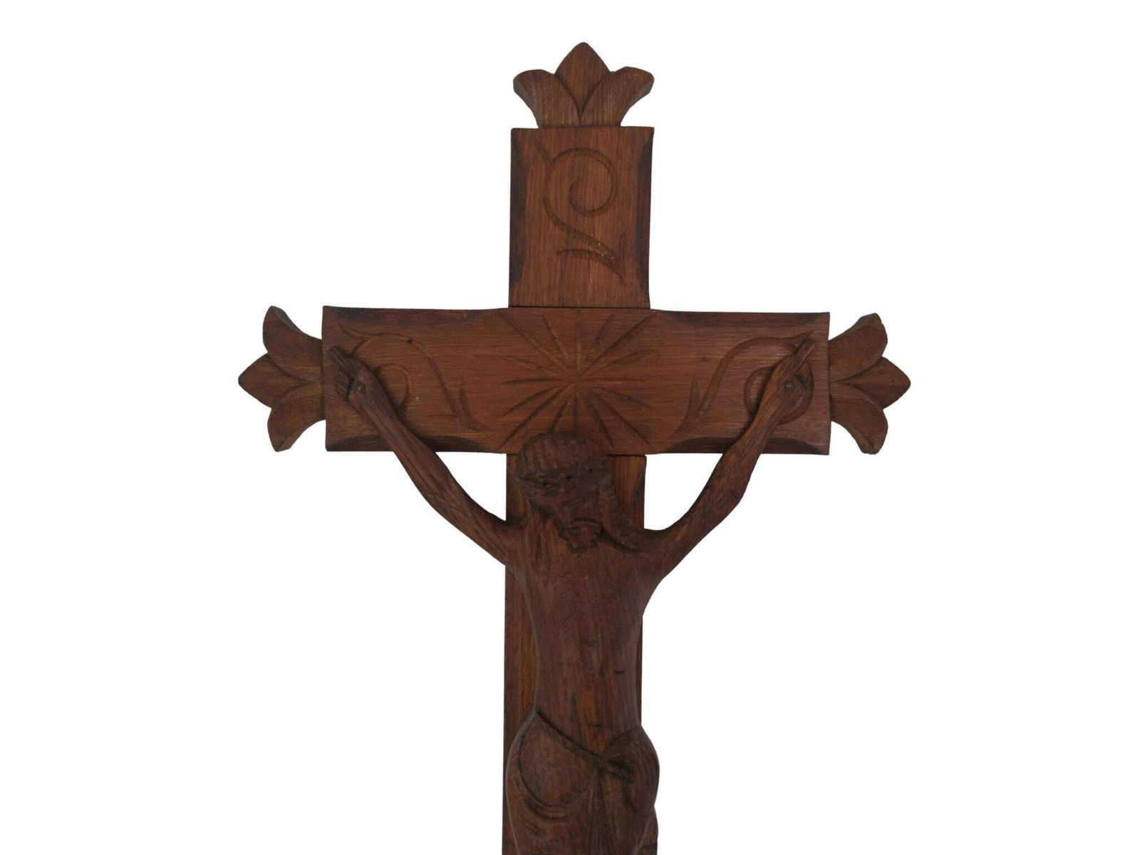 Primitive Hand Carved Wood Crucifix, Large French Wall Hanging Cross With Jesus Figurine photo furniture