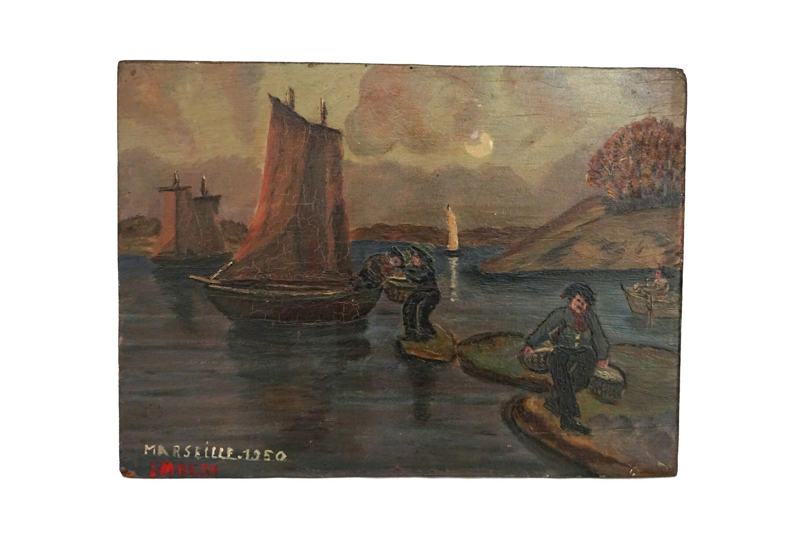 Fishing Boat And Fisherman Boat Painting, Original French Mediterranean Sea Coastal Art