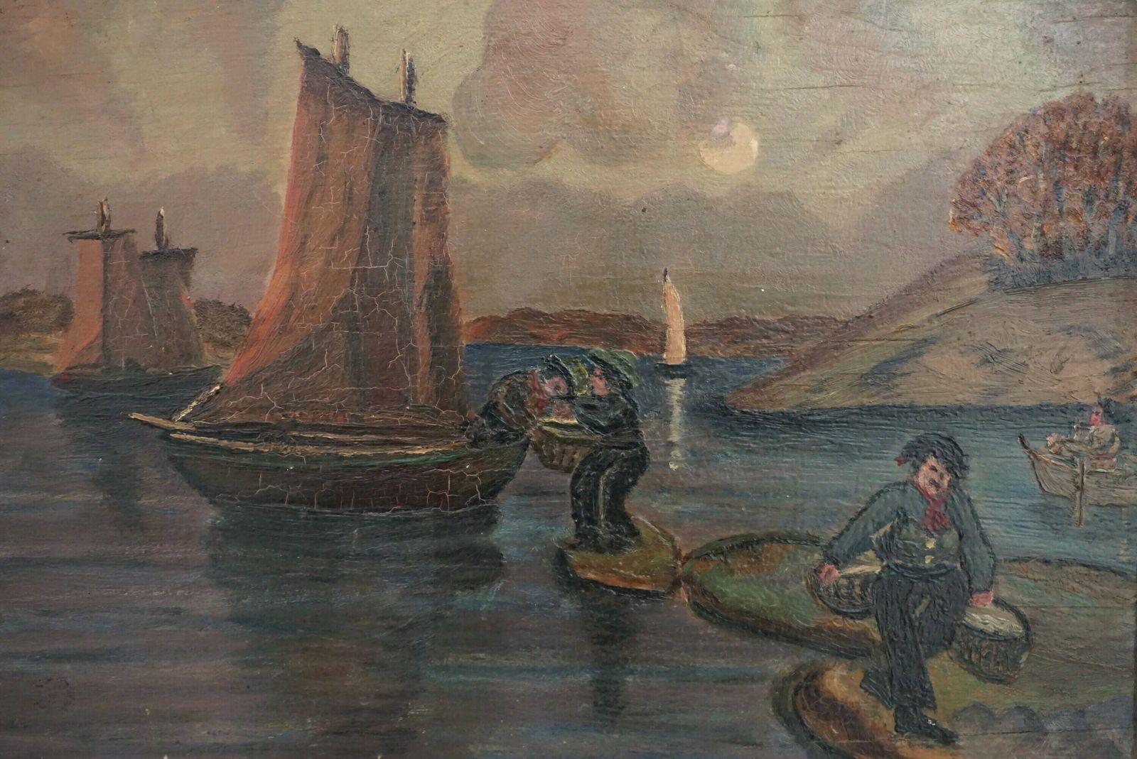 Fishing Boat And Fisherman Boat Painting, Original French Mediterranean Sea Coastal Art photo furniture